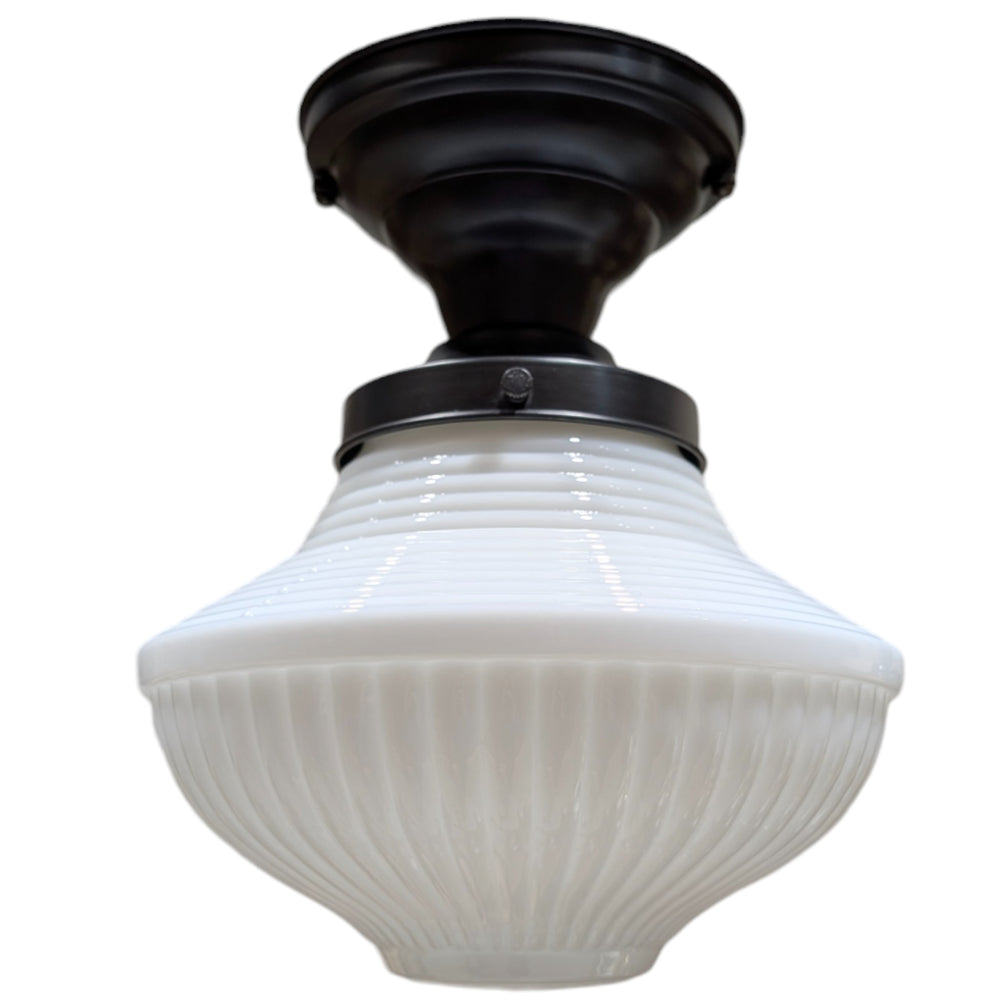 ##Antique Hardware## Schoolhouse Ribbed Milk Glass Semi-Flush Standard Light (Several Finishes Available)