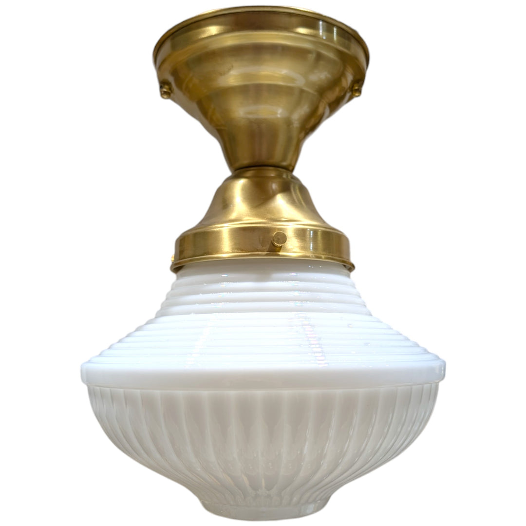 ##Antique Hardware## Schoolhouse Ribbed Milk Glass Semi-Flush Fancy Light (Several Finishes Available)