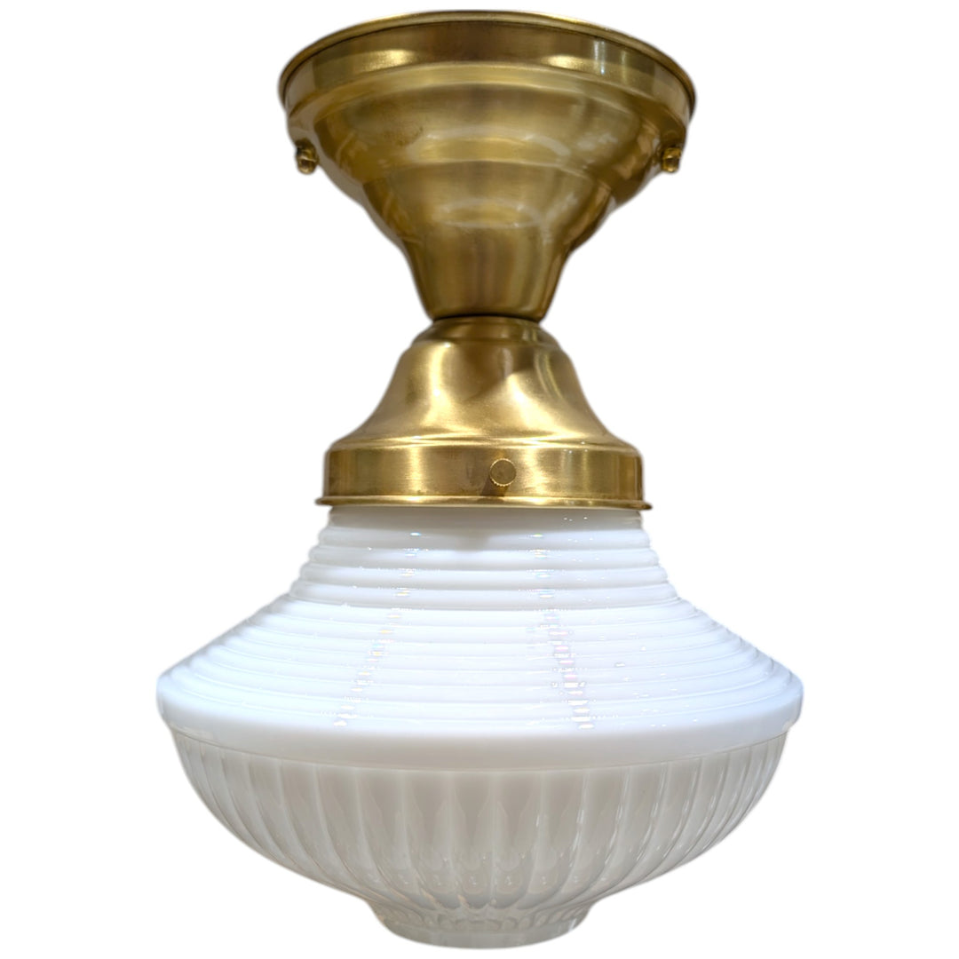 ##Antique Hardware## Schoolhouse Ribbed Milk Glass Semi-Flush Fancy Light (Several Finishes Available)