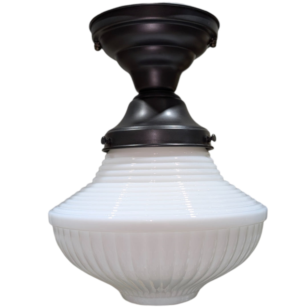 ##Antique Hardware## Schoolhouse Ribbed Milk Glass Semi-Flush Fancy Light (Several Finishes Available)