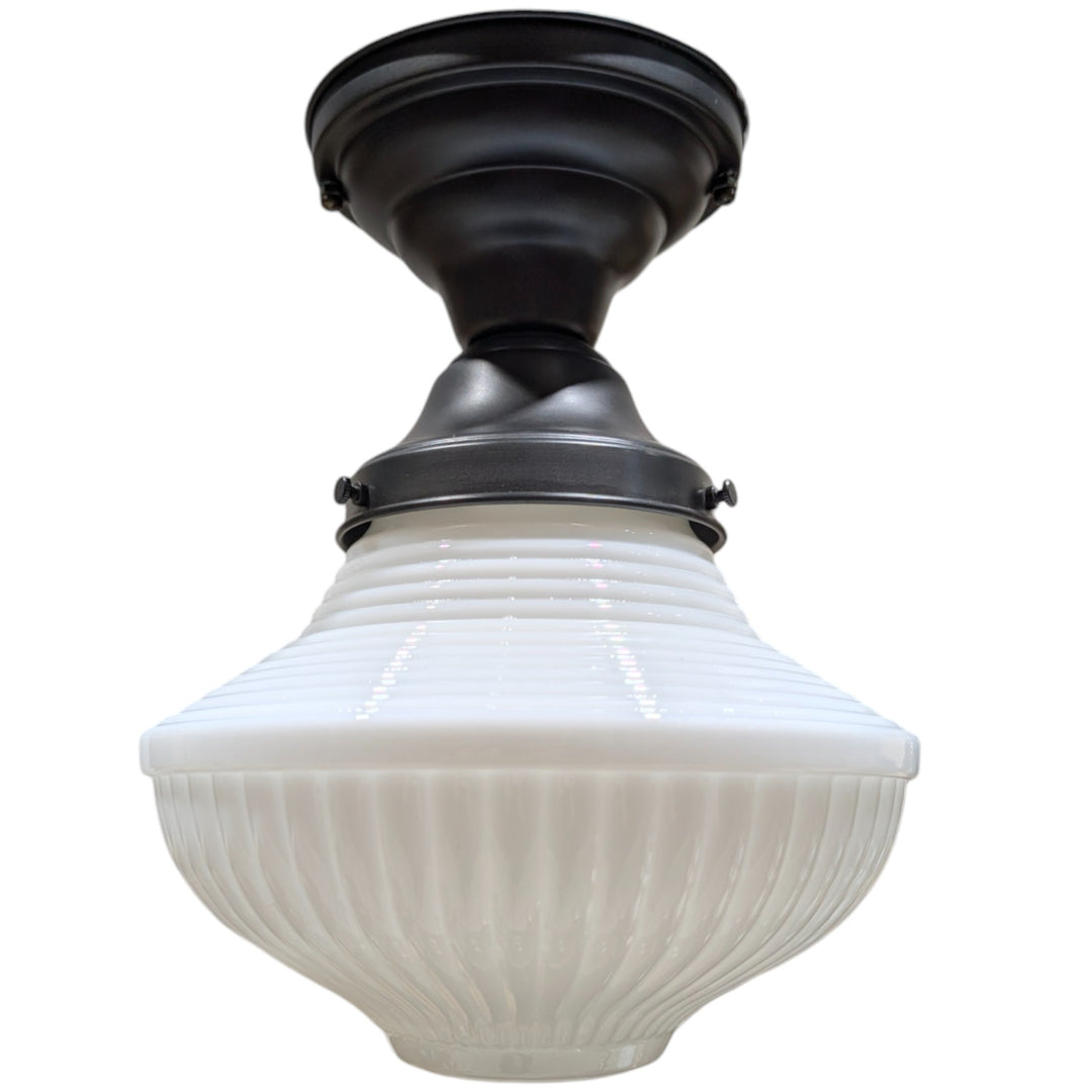 ##Antique Hardware## Schoolhouse Ribbed Milk Glass Semi-Flush Fancy Light (Several Finishes Available)