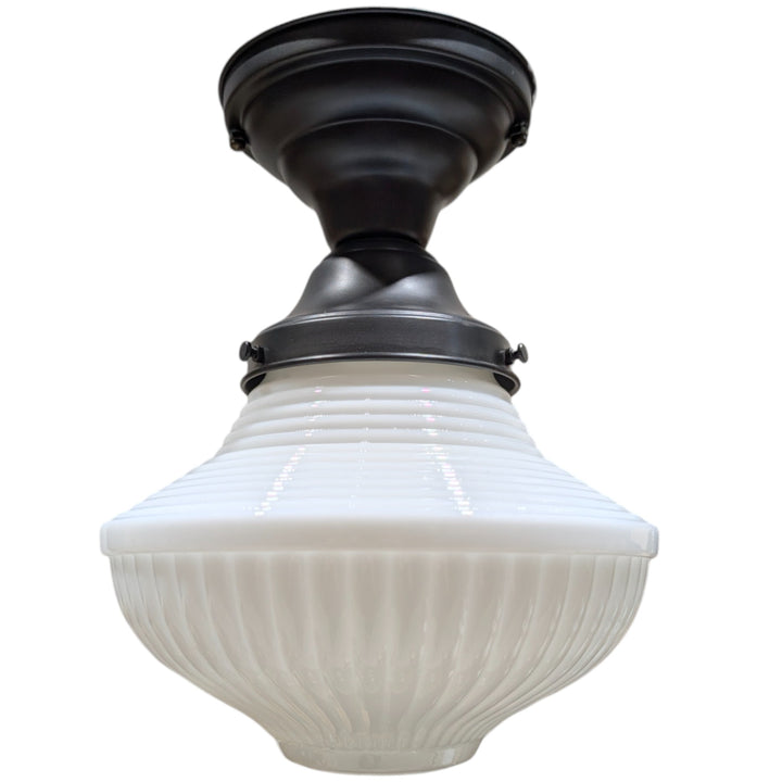 ##Antique Hardware## Schoolhouse Ribbed Milk Glass Semi-Flush Fancy Light (Several Finishes Available)