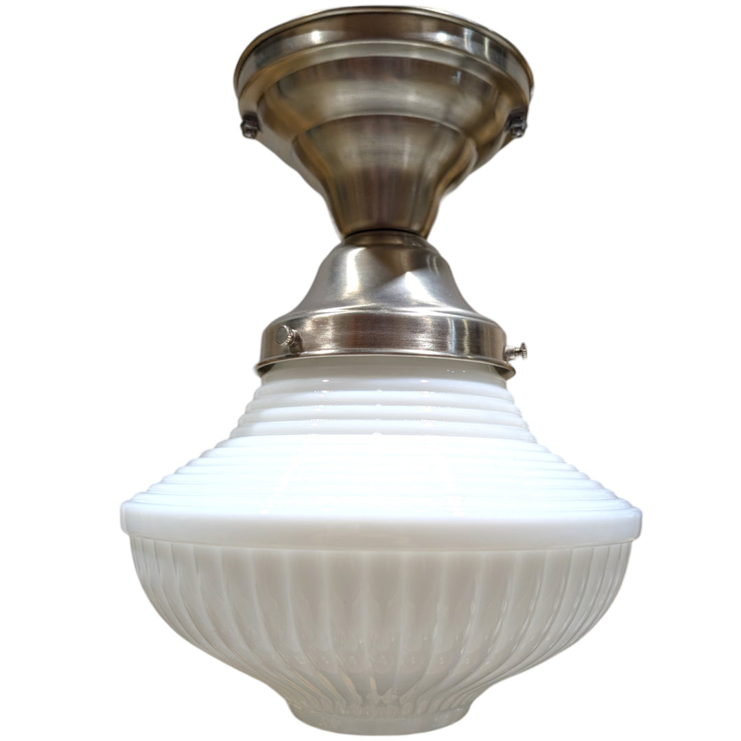 ##Antique Hardware## Schoolhouse Ribbed Milk Glass Semi-Flush Fancy Light (Several Finishes Available)