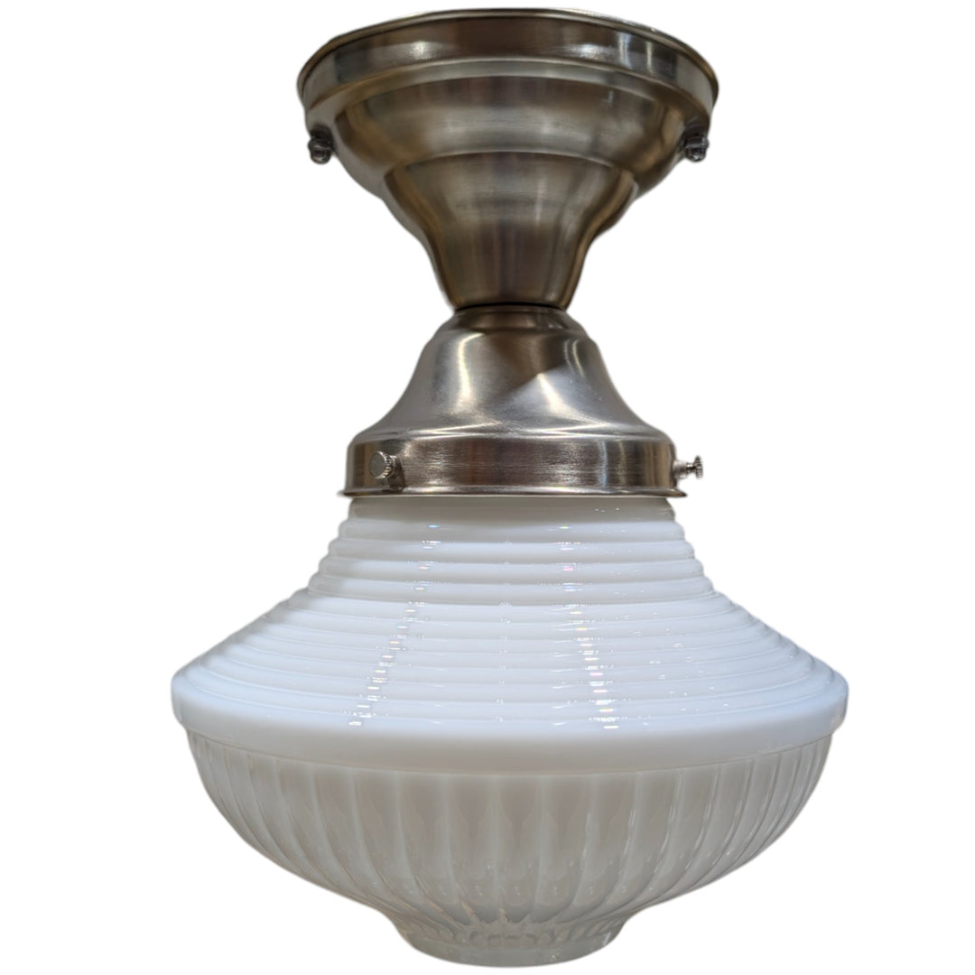 ##Antique Hardware## Schoolhouse Ribbed Milk Glass Semi-Flush Fancy Light (Several Finishes Available)