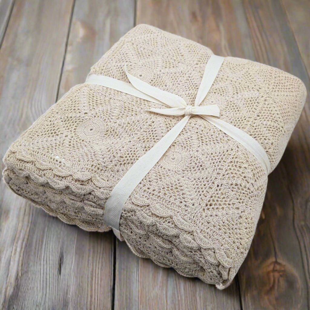 ##Antique Hardware## Handmade 100% Cotton Ivory Crochet Blanket – King Size