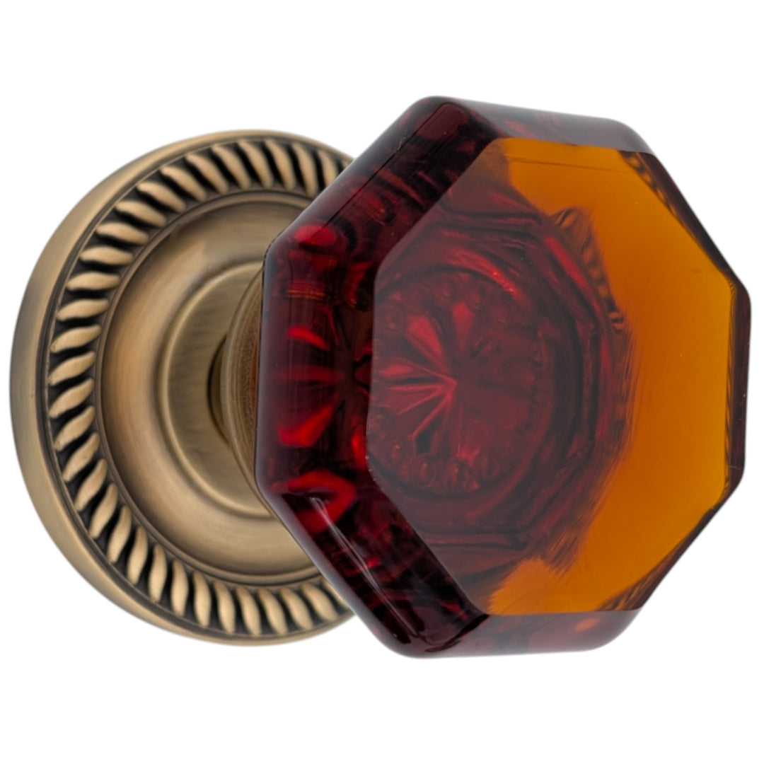 ##Antique Hardware## Georgian Roped Rosettes with Octagon Amber Glass Door Knobs (Several Finishes Available)