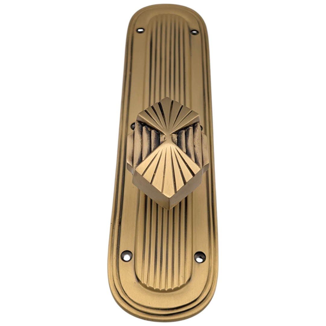 ##Antique Hardware## Art Deco Lined Backplate Door Set with Art Deco Fanfare Door Knobs (Several Finishes Available)