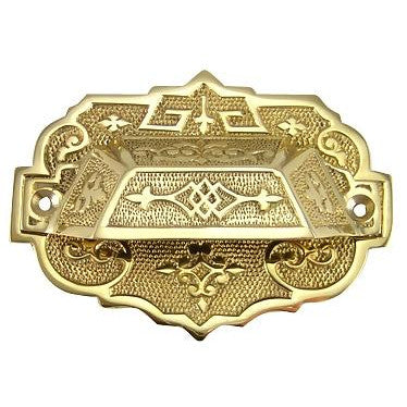 ##Antique Hardware## 4 3/8 Inch Overall (3 1/4 Inch c-c) Solid Brass Eastlake Cup & Bin Pull With Backplate