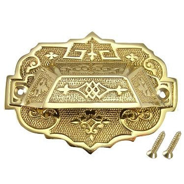 ##Antique Hardware## 4 3/8 Inch Overall (3 1/4 Inch c-c) Solid Brass Eastlake Cup & Bin Pull With Backplate