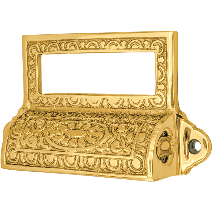4 1/8 Inch Overall (3 1/2 Inch c-c) Solid Brass Victorian Label Style Bin Pull