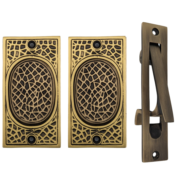 ##Antique Hardware## Arts & Crafts Pattern Pocket Door Set (Several Finishes Available)