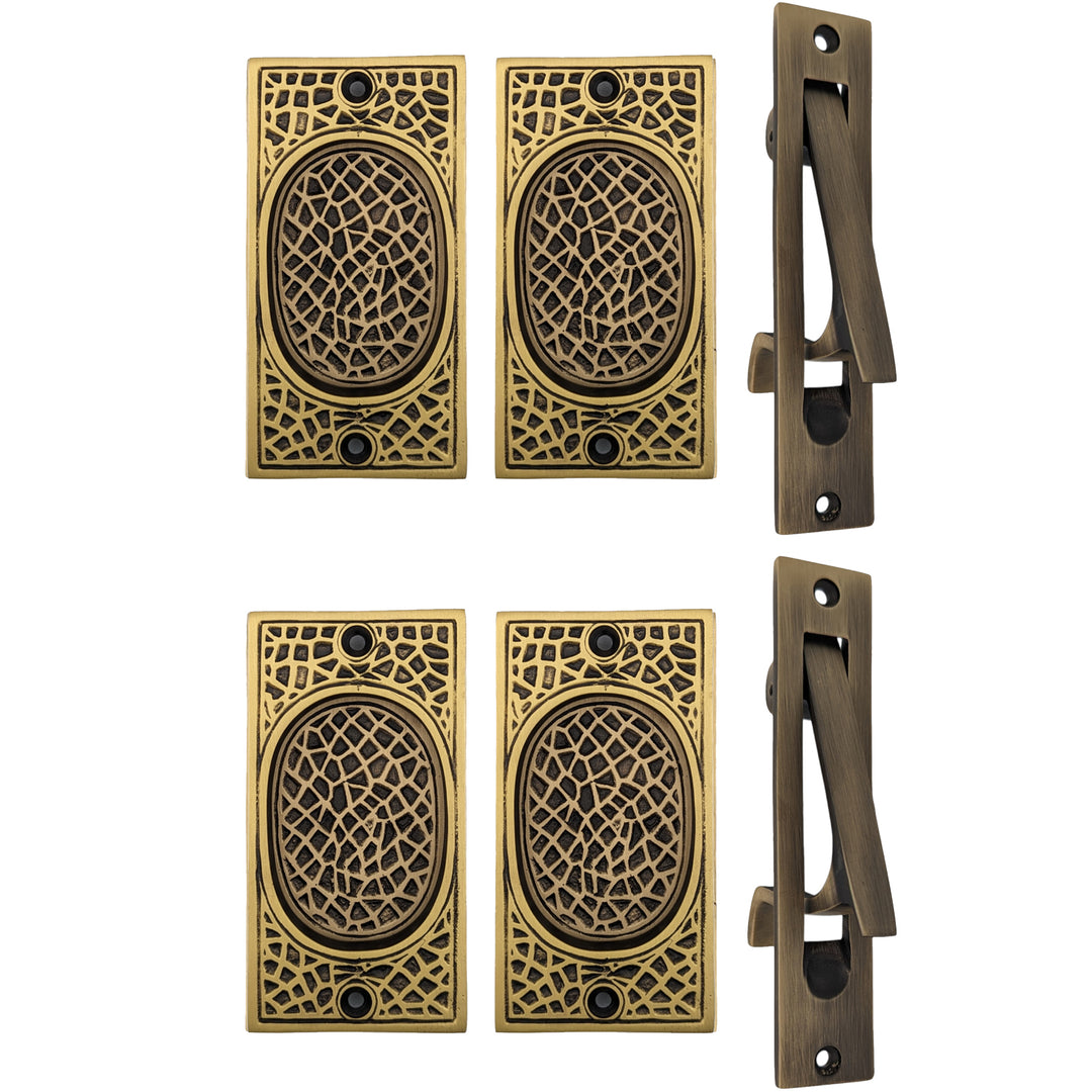 ##Antique Hardware## Arts & Crafts Pattern Pocket Door Set (Several Finishes Available)