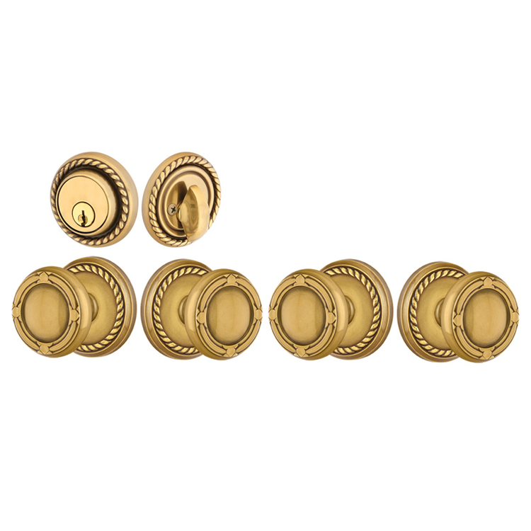 Antique Hardware Emtek Solid Brass Ribbon & Reed Door Knob Deadbolt Set with Georgian Rope Rosette ENTRYWAY