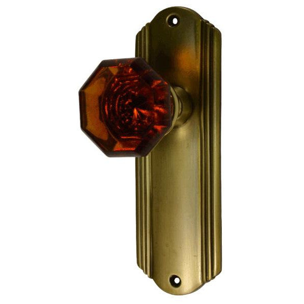 ##Antique Hardware## Art Deco Long Backplate Door Set with Octagon Amber Glass Door Knobs (Several Finishes Available)