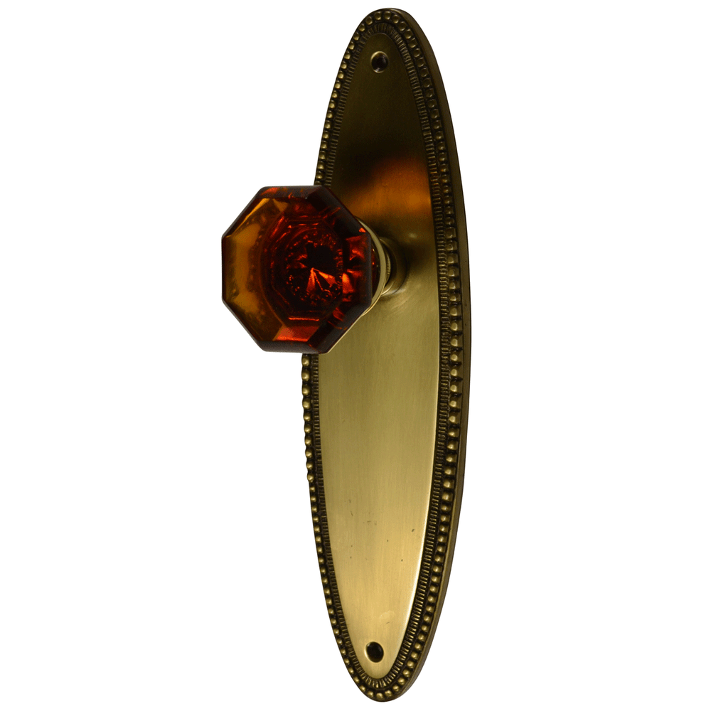 ##Antique Hardware## Oval Beaded Backplate Door Set with Octagon Amber Glass Door Knobs (Several Finishes Available)