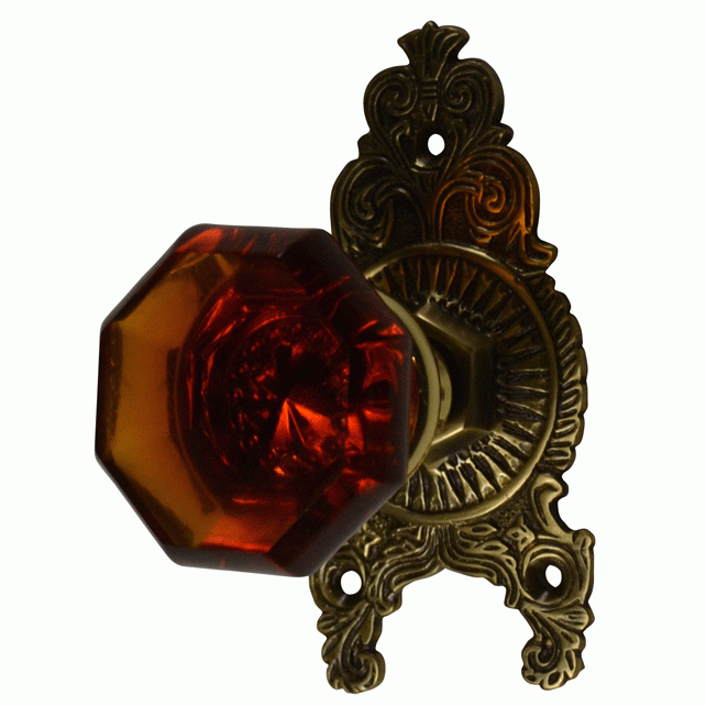 ##Antique Hardware## Ornate Victorian Rosette Door Set with Octagon Amber Glass Door Knobs (Several Finishes Available)