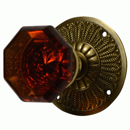 ##Antique Hardware## Feather Rosette Door Set with Amber Octagon Glass Door Knobs (Several Finishes Available)