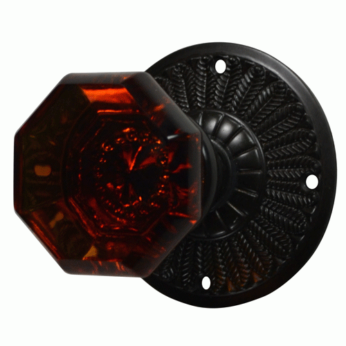 ##Antique Hardware## Feather Rosette Door Set with Amber Octagon Glass Door Knobs (Several Finishes Available)