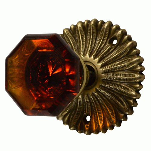 ##Antique Hardware## French Provincial Rosette Door Set with Amber Glass Octagon Door Knobs (Several Finishes Available)