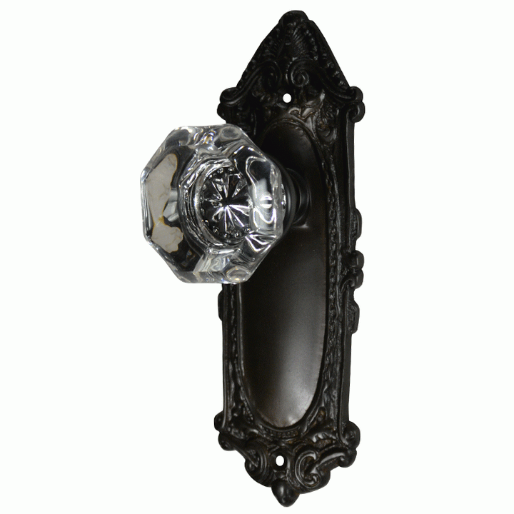 ##Antique Hardware## Ornate Victorian Long Backplate Door Set with Crystal Octagon Door Knobs (Several Finishes Available)