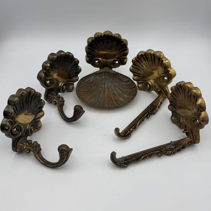 ##Antique Hardware## Brass Clamshell Bathroom Set (2 Towel Holders, 2 Small Hooks, Soap Dish – Original Early to Mid 20th Century)