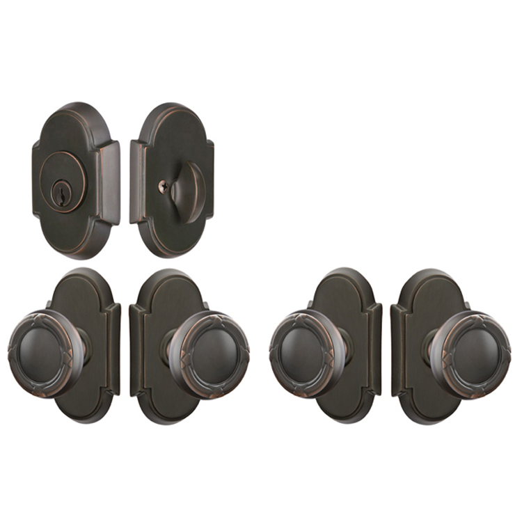 ##Antique Hardware## Emtek Solid Brass Ribbon & Reed Door Knob Deadbolt Set with #8 Rosette