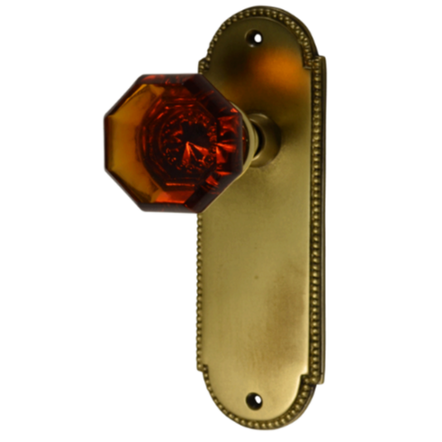 ##Antique Hardware## Arched Beaded Backplate Door Set with Octagon Amber Glass Door Knobs (Several Finishes Available)
