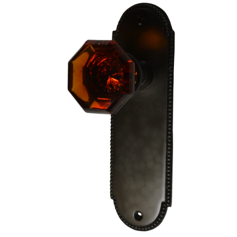 ##Antique Hardware## Arched Beaded Backplate Door Set with Octagon Amber Glass Door Knobs (Several Finishes Available)