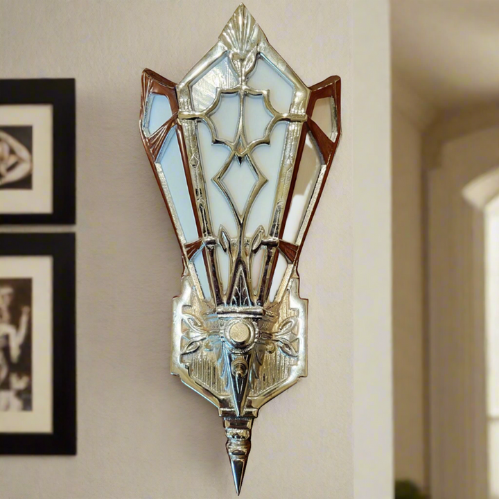 Antique Hardware 14 Inch Art Deco Stained Glass Shade White Opalescent Wall Sconce in Polished Chrome ART DECO LIGHTING