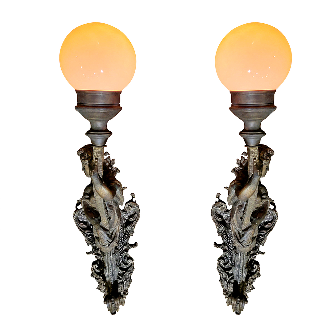 Antique Hardware 28 Inch Tall Pair Bronzed Heavy Sconces (Left/Right) with Shades 