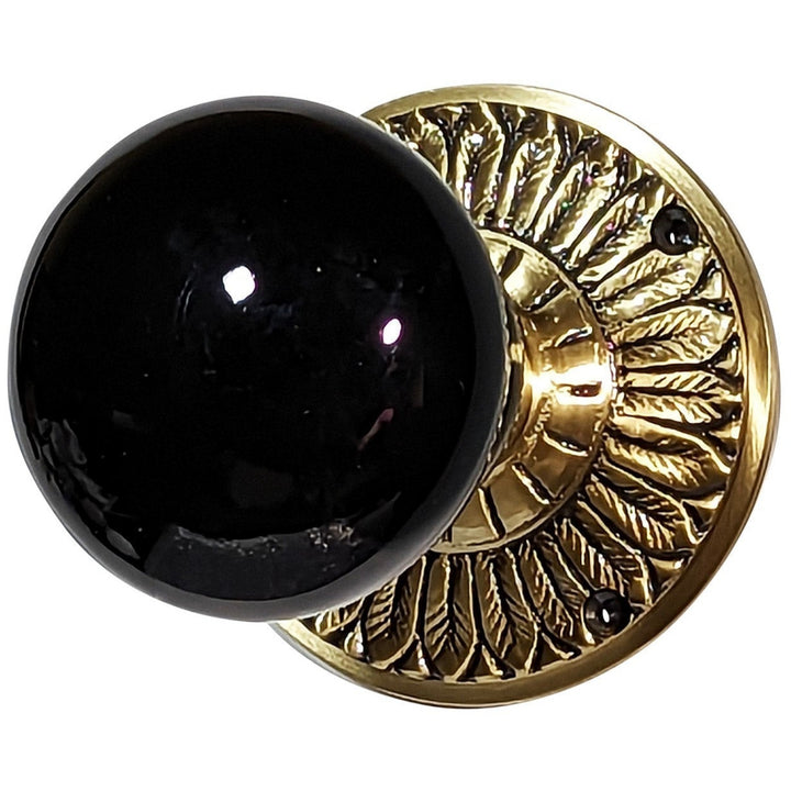 ##Antique Hardware## Feather Rosette Door Set with Black Porcelain Door Knobs (Several Finishes Available)