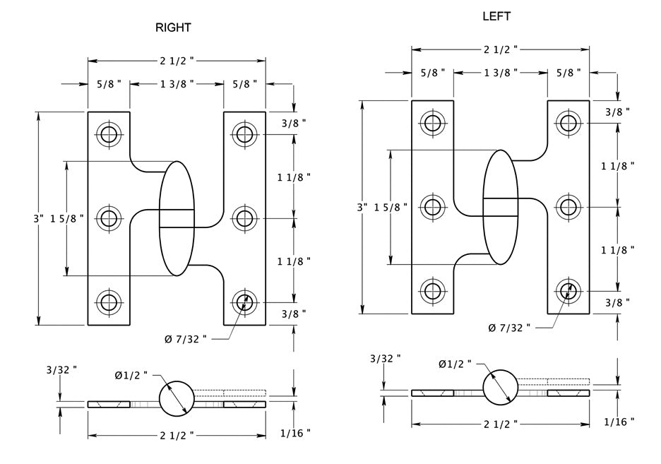 ##Antique Hardware## 3 Inch x 2 1/2 Inch Solid Brass Olive Knuckle Hinge