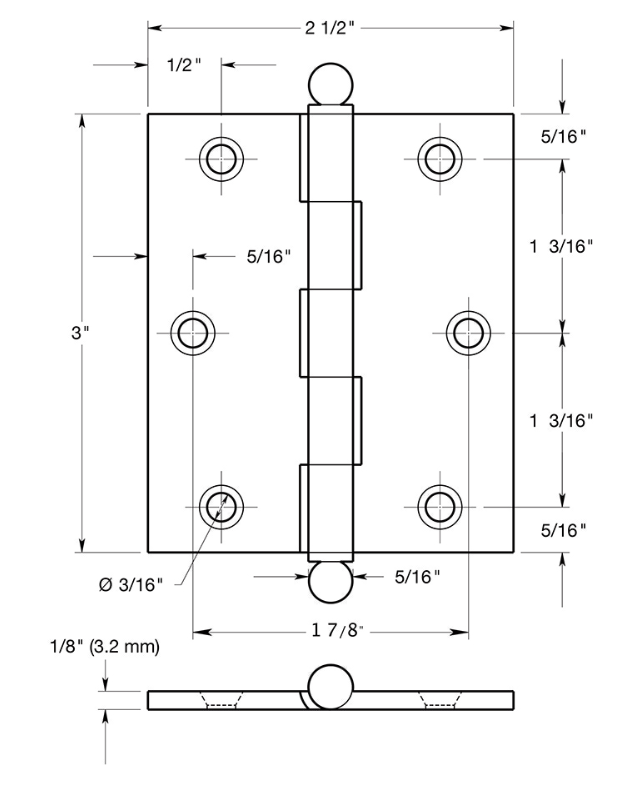 ##Antique Hardware## 3 Inch x 2 1/2 Inch Solid Brass Cabinet Hinges