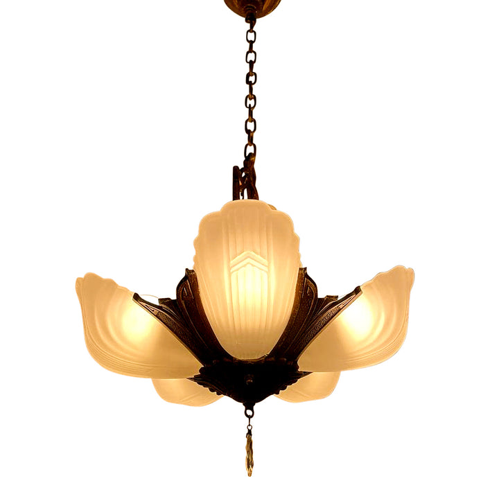 ##Antique Hardware## 38 Inch Theatre Style 5-Light Antique Chandelier With Slipshades