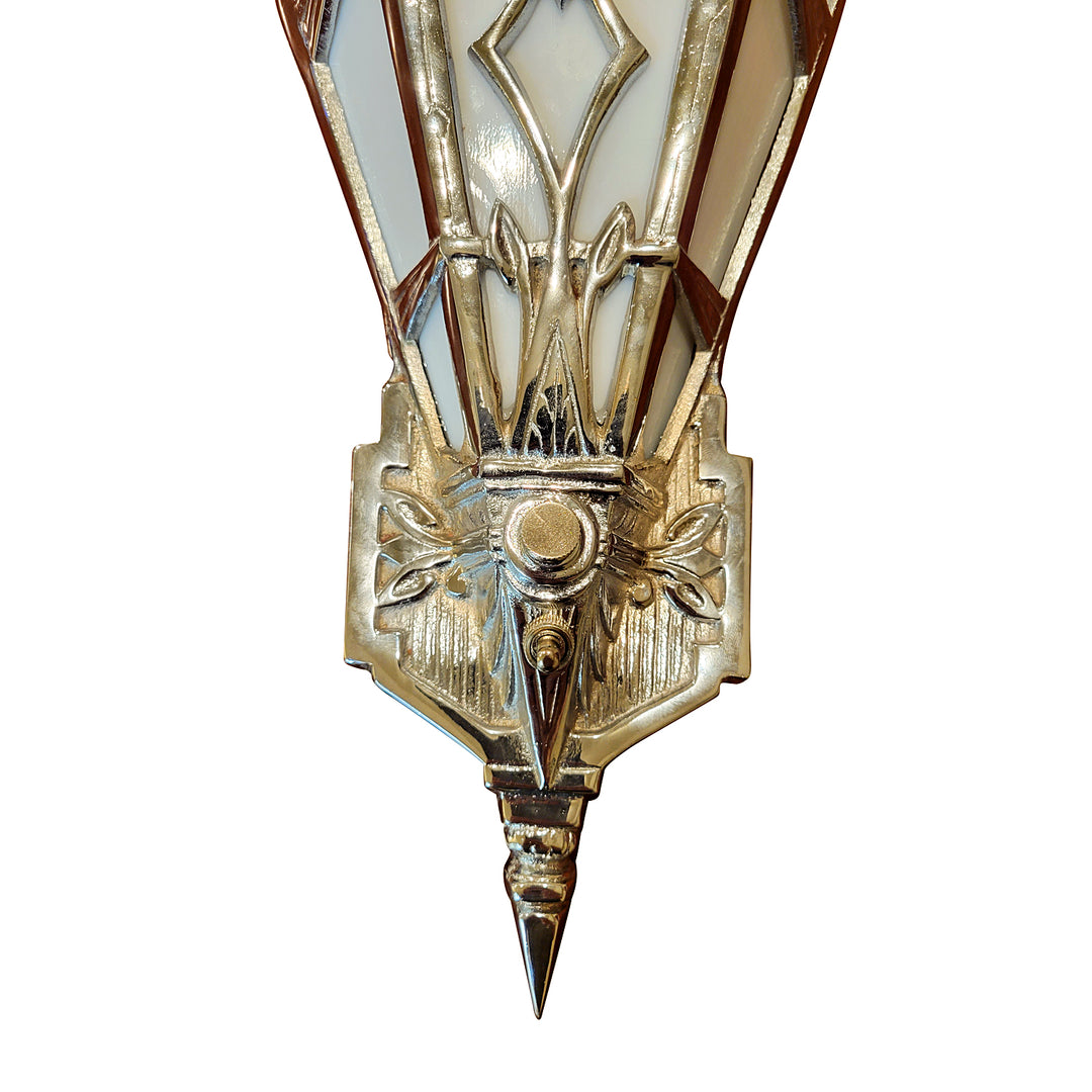 Antique Hardware 14 Inch Art Deco Stained Glass Shade White Opalescent Wall Sconce in Polished Chrome ART DECO LIGHTING