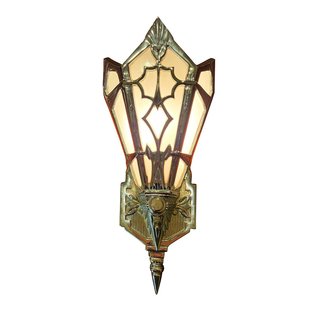 Antique Hardware 14 Inch Art Deco Stained Glass Shade White Opalescent Wall Sconce in Polished Chrome ART DECO LIGHTING